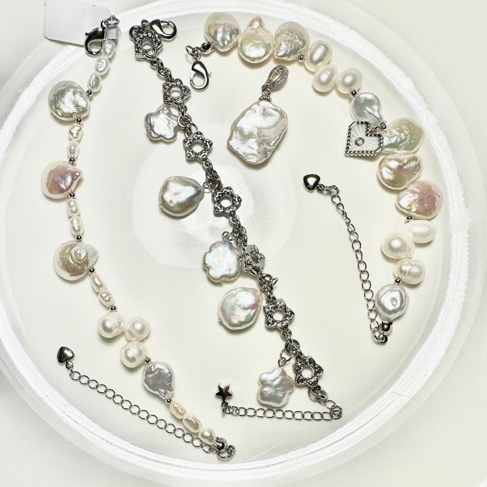 Lustrous Genuine Freshwater Keshi Pearl Necklace, or 3 Bracelets apart - Picture 2 of 5